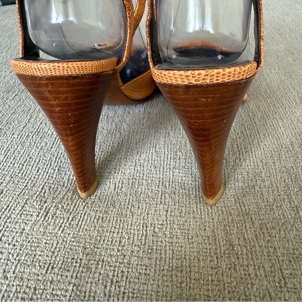 GIORGIO ARMANI Womens Croc Embossed Leather Heels Brown Tan Slingback Sz 38 1/2 - Picture 3 of 13